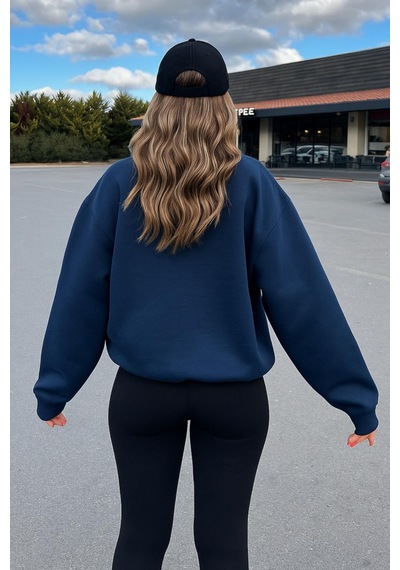 Fashion Friends Oversize Bisiklet Yaka Nakışlı Sweatshirt Lacivert