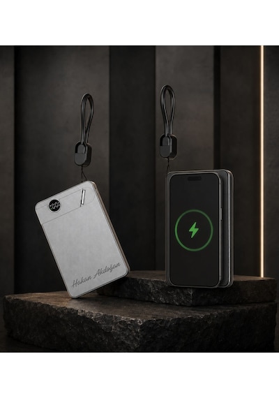 Kişiye Özel İsim Baskılı 10.000 Mah Magsafe Ve Wıreless Standlı Powerbank Siyah