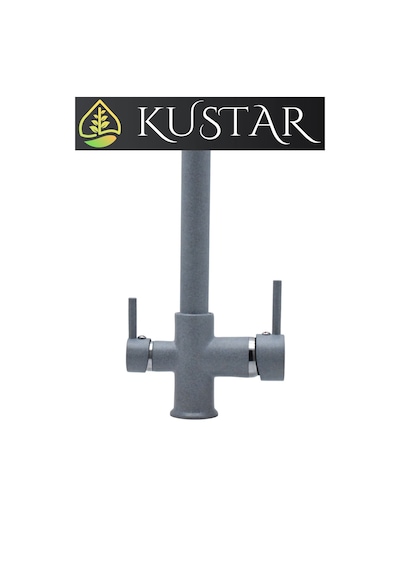 Kustar Gri Granit Kaplama 3 Yollu Arıtma Çıkışlı Mutfak Eviye Bataryası