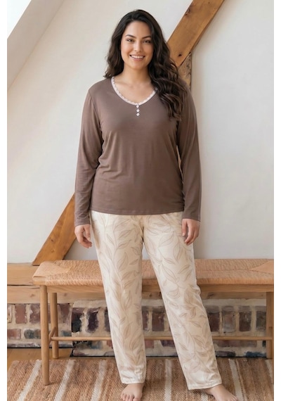 Siyah İnci Desenli Düğmeli Büyük Beden Battal Boy Viskon Örme Pijama Takım 26224807 Vizon