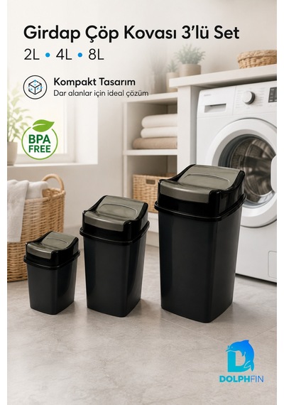 Girdap 3 Lü Sallanır Kapaklı Çöp Kovası Seti 2 L 4 L 8 L Banyo Mutfak Siyah