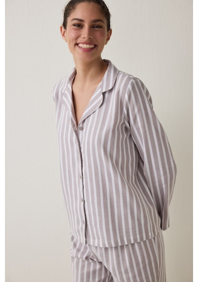 Penti Bej Çizgili Uzun Kollu Pamuklu Gömlek Pantolon Pijama Takımı Bg96