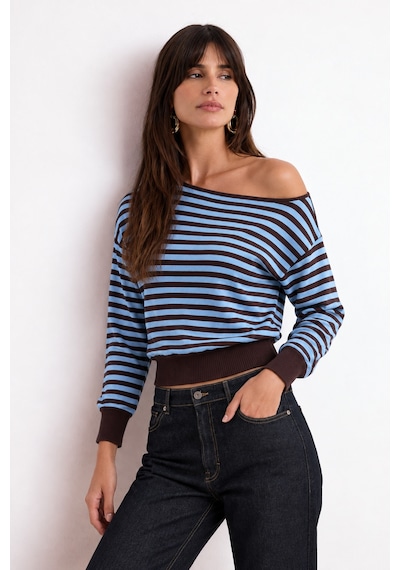 Madmext Mavi Çizigli Modern Kayık Yaka Triko Bluz Mg2804