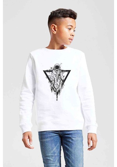 Tshirthane Uzay Astronot Baskılı Unisex Çocuk Beyaz Sweatshirt Beyaz