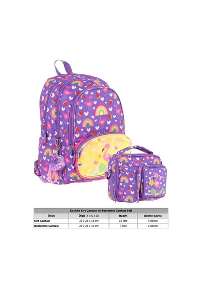 Kaukko Kids Flamingo Nakışlı Ve Baskılı Okul Çantası L5226 Ve Thermo Beslenme Çantası L7226 Seti - Kız Çocuk Pembe - Mor
