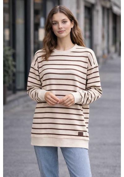 Tenra Oversize Geniş Kalıp Kadın Sweatshirt Bisiklet Yaka Basic Çizgili Kahverengi