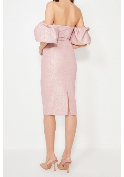 Ersefa Moda Fit Mezuniyet Balo Jakar Dokuma Carmen Yaka Kısa Kol Bodycon Pembe