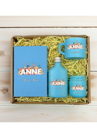 Bk Gift Kişiye Özel İsimli Dtf Anne Temalı Turkuaz Defter & Kahve Fincanı & Kolonya & Mum Hediye Seti-2, Anneye Hediye, Anneler Günü Hediyesi Kobitmey