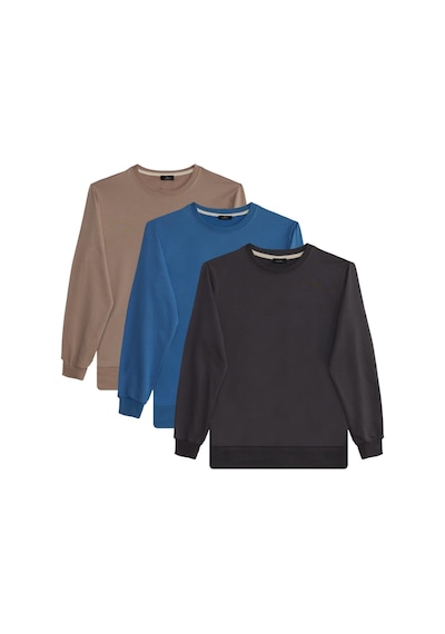 Tudors Erkek 3'lü Koyu Gri-taş-mavi Relax Fit Rahat Kesim %100 Pamuk 2 İplik Bisiklet Yaka Sweatshirt-41697 Çok Renkli