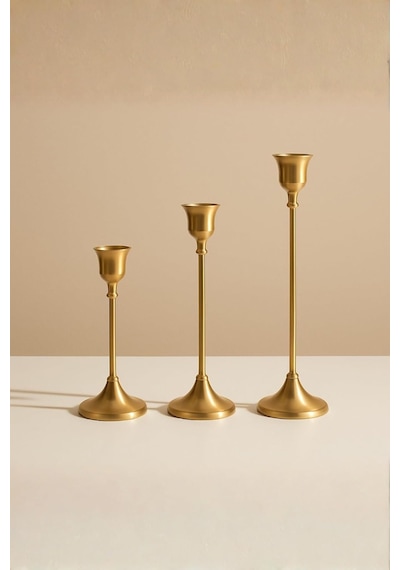 Vintage Metal Şamdan 3'lü Set, Altın Renk, Paslanmaz Çelik, Çizilmeye Dayanıklı, Dekoratif Mumluk, Minimalist Tem Çok Renkli