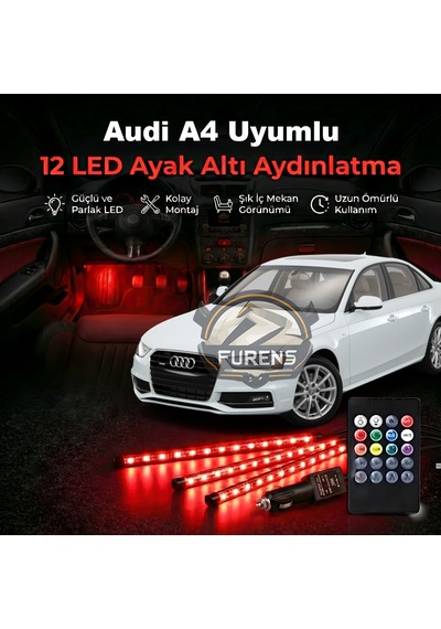 Audi A4 Uyumlu Rgb Ayak Altı Led 12 Led Kumandalı Müzik Duyarlı Araç İçi Aydınlatma 7 Renk 12v 1