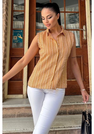 WeShaya Kadın Hardal Çizgili Desen, Dokulu Bodrum Kumaş, Kolsuz Rahat Gömlek HARDAL