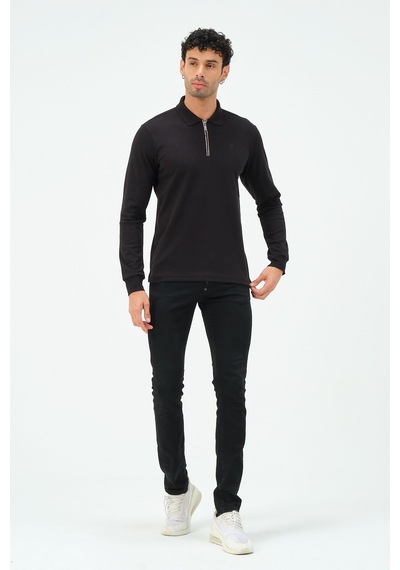 Fermuarlı Uzun Kollu Regular Fit Erkek Polo Yaka T-shirt Siyah