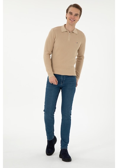 U.S. Polo Assn. Erkek Regular Fit Yarım Fermuarlı Kum Melanj Basic Kazak 50298266-VR085