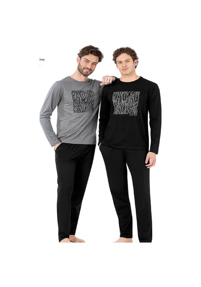 6066 Erkek Uzun Kollu Bisiklet Yaka Pijama Takımı-siyah Siyah