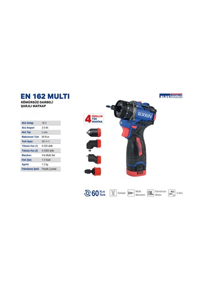 Exen En 162 Multi - 16v 2ah 60n.m Kömürsüz Darbeli Şarjli Matkap 4 Fonksiyonlu