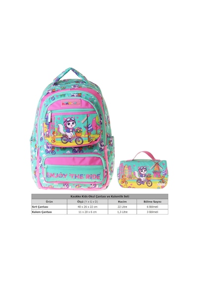 Kaukko Kids Cat Bike Yeşil - Pembe Kız Çocuk İlkokul Sırt Çantası Ve Kalem Çantası Seti - Setkk-l5328c Çok Renkli