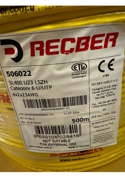 Reçber Cat 6 Halogen Free U/utp Sl400 23 Awg 500 Metre Sarı