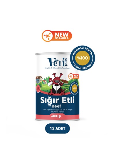 Sığır Etli Yaş Konserve Yavru Köpek Maması, Jöle İçinde Parça Etli, 400 Gr X 12 Adet