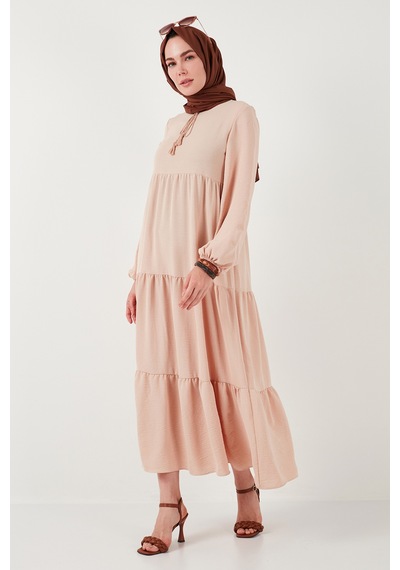 Lela Modest Regular Fit Dik Yaka Uzun Bayan Elbise 611El545 Bej