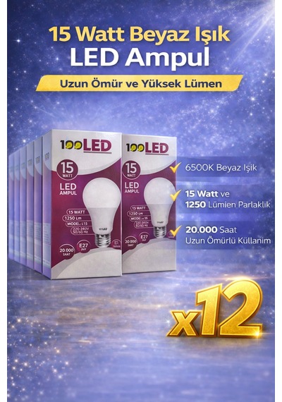 Led Ampul 15 Watt Beyaz Işık 6500k Yüksek Lümen E27 Duy Uzun Ömürlü 12 Adet