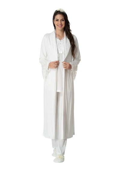 Mecit Pijama Mecit 5416 Ekru Uzun Sabahlıklı Lohusa Pjama Takımı
