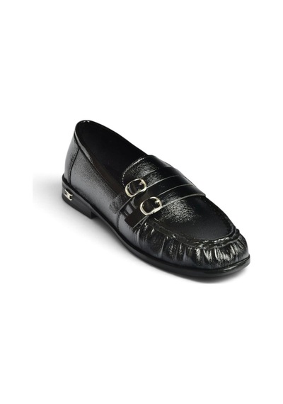 Fox Shoes Z820024208 Siyah Rugan Büzgü Detaylı Çift Tokalı Loafer Ayakkabı