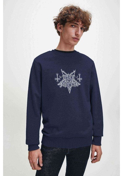Dark Funeral Logo Baskılı Indigo Mavi Erkek Örme Sweatshirt