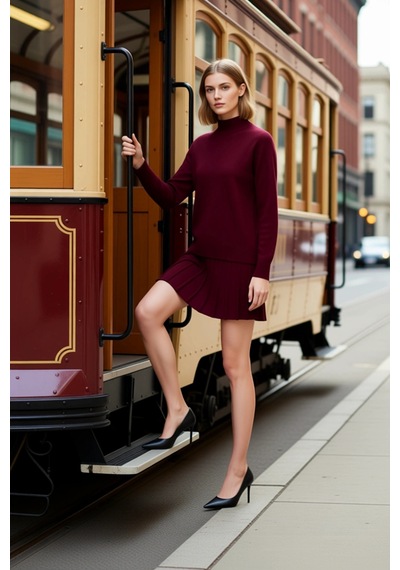 Benerly Kadın Oversize Reglan Kollu Dik Yaka Pileli Etek Kazak Takımı Rah bordo