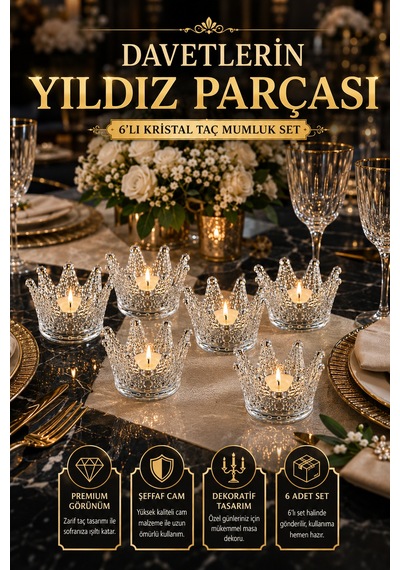 6'lı Set Kristal Taç Mumluk Şeffaf Diğer