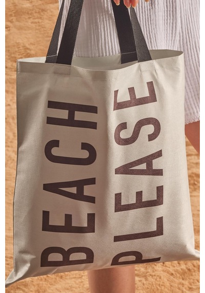 Beach Please Desen Baskılı Plaj Çantası Bej