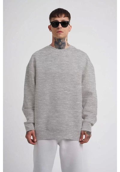 Unisex Biskilet Yaka Üç İplik Sweatshirt - Gri Gri
