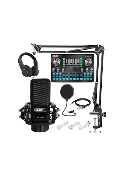 Midex MX-2020 Diamond Set Efektli Ses Kartı Mikrofon Kulaklık Stand Kayıt Canlı Yayın Seti (PC ve Telefon)