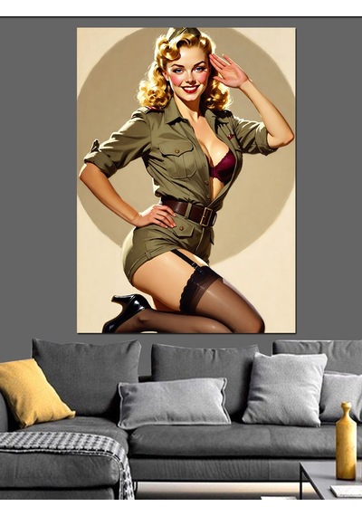 Askeri Üniformalı Seksi Pin-up Dekoratif Kanvas - Mdf Ahşap Tablo