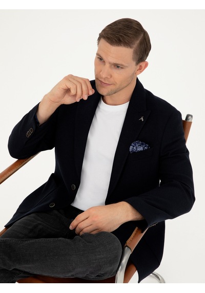 Cacharel Lacivert Slim Fit Yün Karışımlı Blazer Ceket
