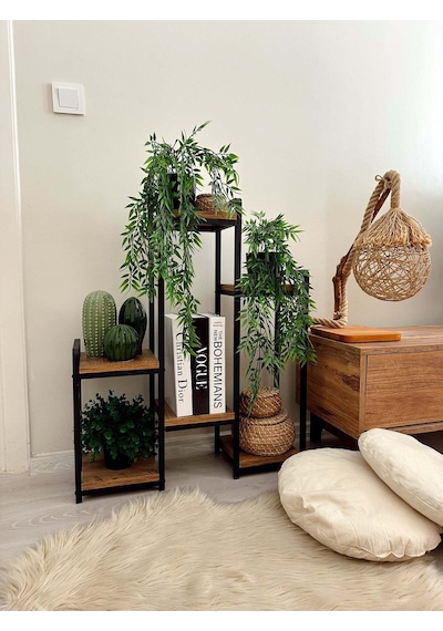Garden 6 Raflı Metal Saksılık Dekoratif Metal Raflı Ahşap Çiçeklik Matkapsız Kurulum Metalik Mat Siyah