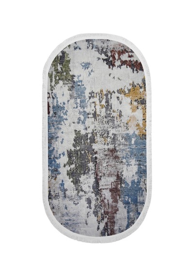 Dijidekor Dekoratif Dijital Saçaklı Oval Kesme Halı Yolluk Antialaerjik Modern Mavi 100x800 Cm