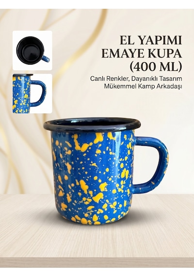 Galaksi Serisi Kobalt Mavi Sarı Sıçratmalı Retro Emaye Kamp Kupası 400 Ml Lacivert
