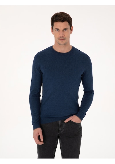 Cacharel İndigo Slim Fit Pamuk Karışımlı Bisiklet Yaka Triko Kazak Mavi