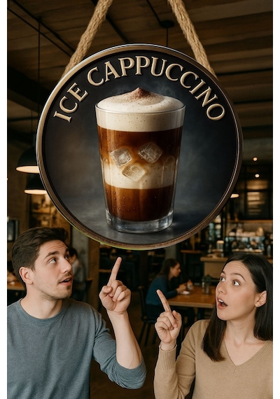 Ice Cappuccino Temalı Yuvarlak Cafe Tabelası, Jüt İpli Ahşap Duvar & Kapı Dekoru, Barista Süsü