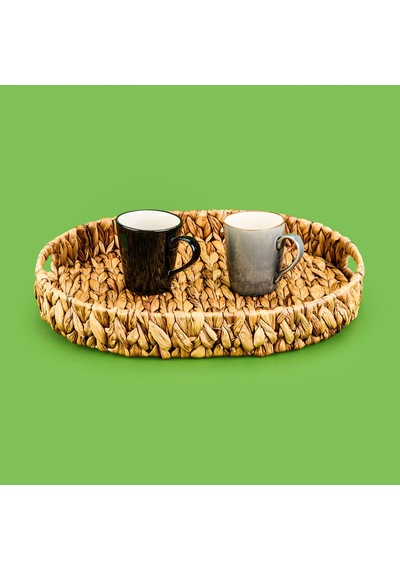 Büyük Boy Örgü Oval Tepsi Sepet - Kahverengi - 42x33x5,5 Cm