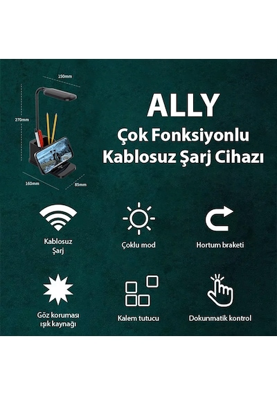 Ally Kablosuz Sarj Göz Korumali Portatif Led Masa Lambasi Kalemlik Beyaz
