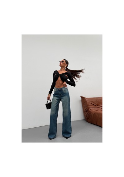 Kene Jeans Kadın Wide Leg Yüksek Bel Bol Paça Kot/denim Palazzo Pantolon Yeşil Tintli