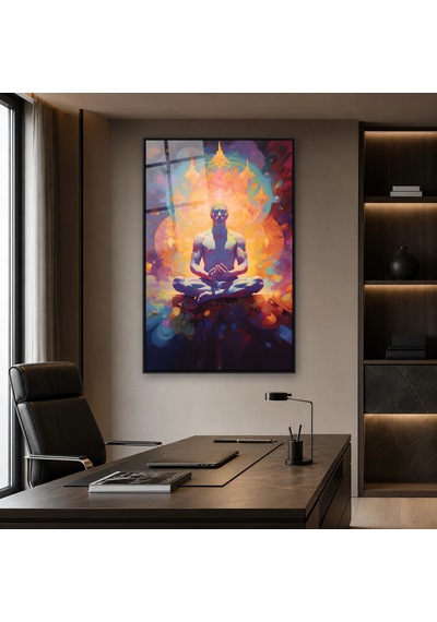 Renkli Aurada Lotus Meditasyonu Siyah Çerçeveli Cam Tablo