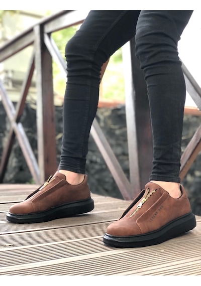 Ba0310 Boa Kalın Yüksek Taban Fermuarlı Taba Siyah Erkek Ayakkabı