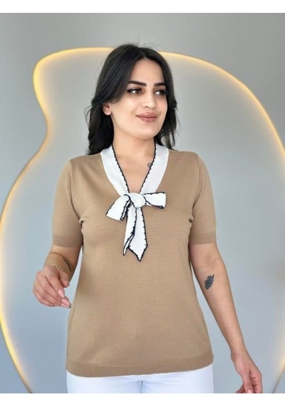 Efnaz Style Kadın Kısa Kollu V Yaka Fular Detay Merserize Triko Bbluz Sütlükahve