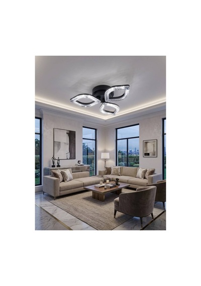 LumiaLighting Yonca Model Kumandalı Siyah 3"lü Ledli 3 Renk Modu Kristal Salon Mutfak Yatak Çocuk Odası Avize