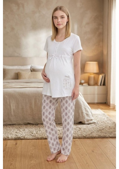 Mecit Pijama Mecit 6350 Ekru Hamile Lohusa Pijama Takımı