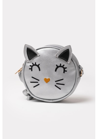 İcone Bag Yuvarlak Kedi Kafası Tasarımlı Kız Çocuk Omuz Çantası Suni Kız Çocuk Çantası Gümüş