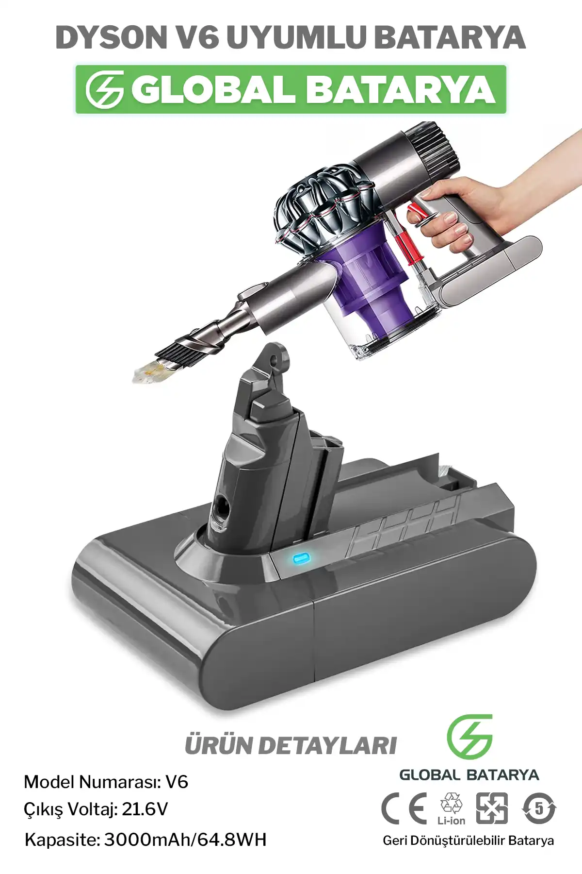 Dyson V6 Uyumlu Dikey Süpürge Bataryası 3000mah 21.6v Li-ion Pil
